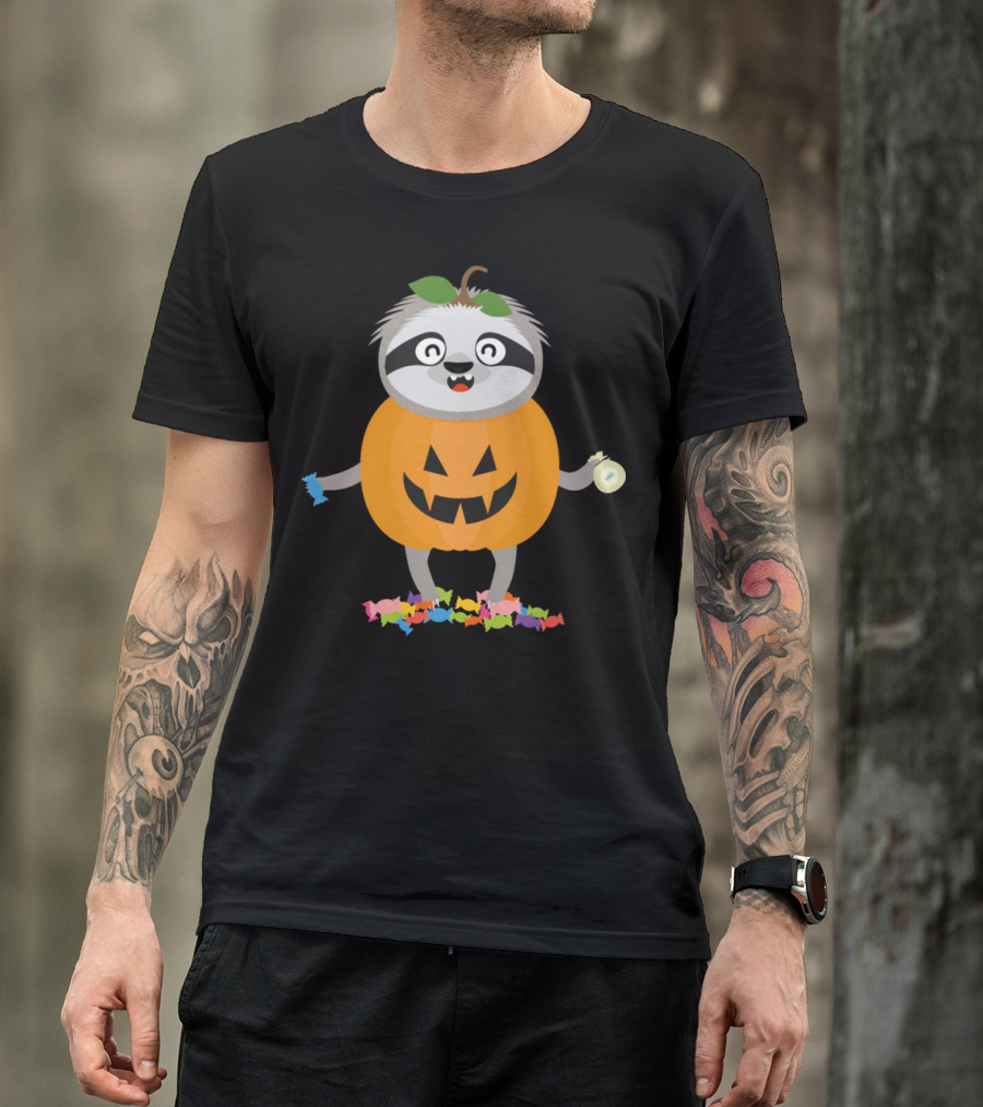 Pumpkin Sloth In Halloween Candy Costume T-Shirt