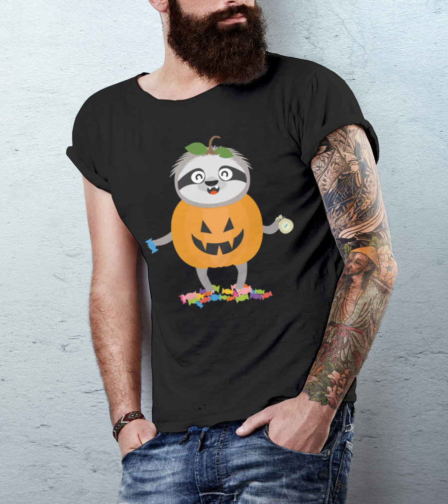 Pumpkin Sloth In Halloween Candy Costume T-Shirt