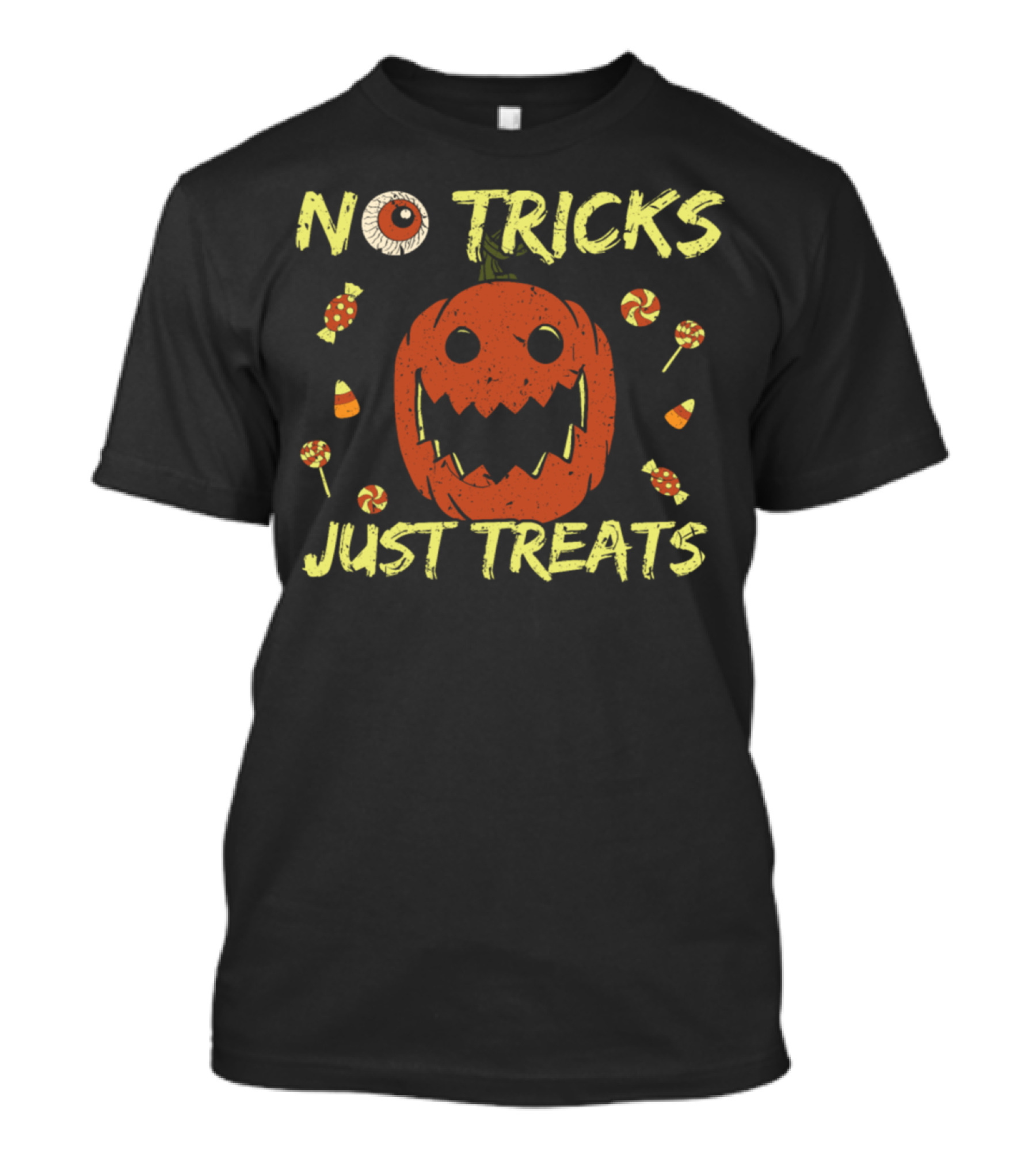 No Tricks Just Treats Creepy Pumpkin Face With Candy And Eyeball Halloween T-Shirt