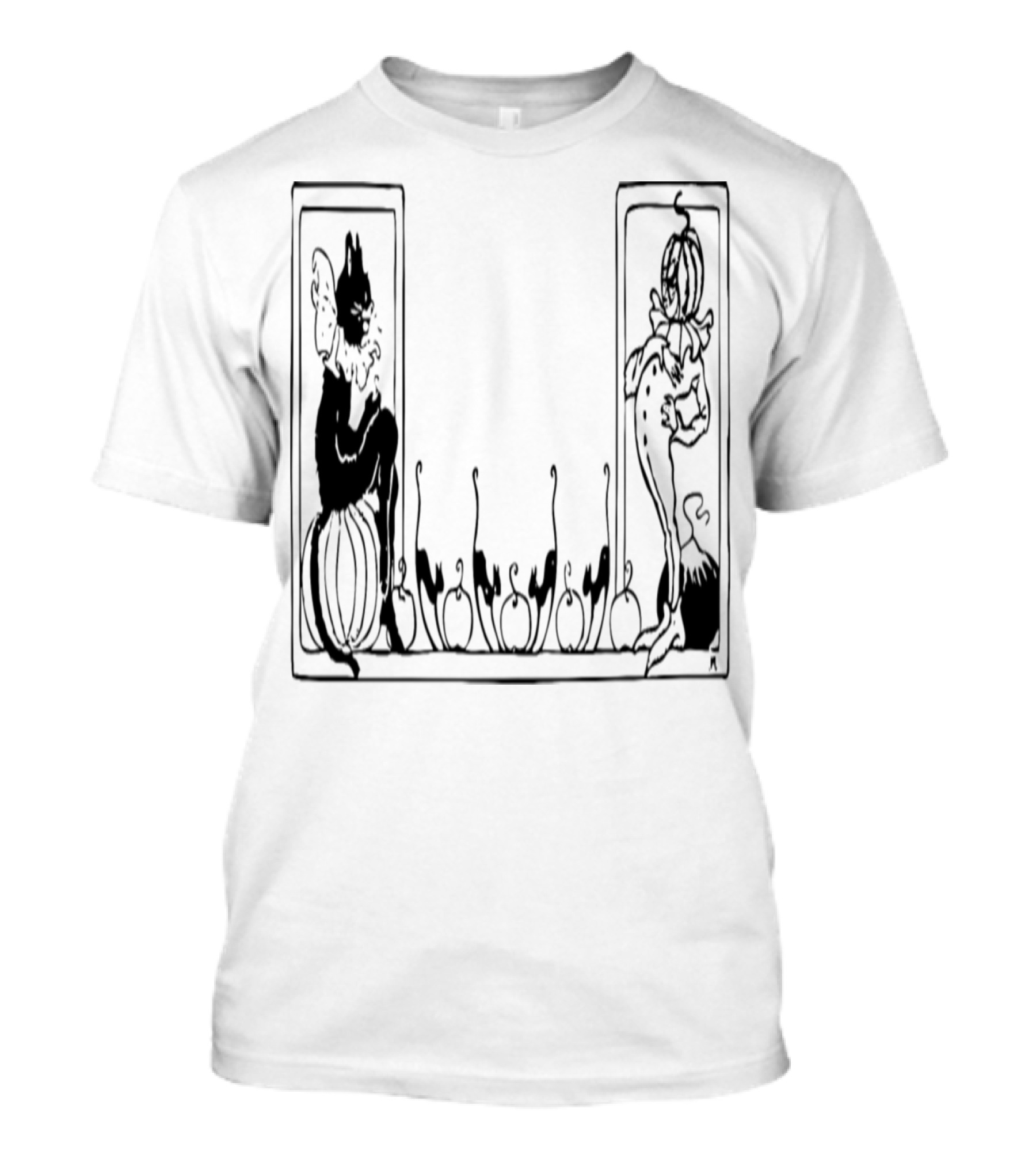Art Nouveau Black Cat And Pumpkin Character Halloween Motif T-Shirt