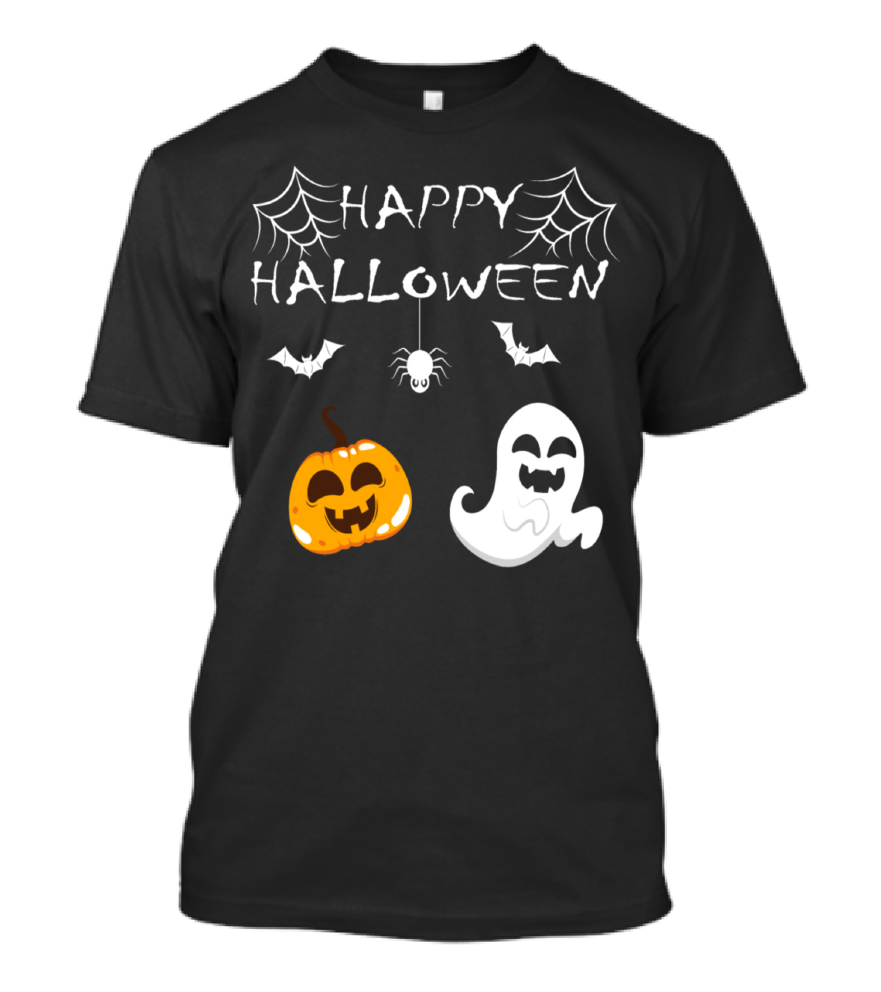 Happy Halloween Pumpkin Ghost With Spiders Bats And Webs T-Shirt
