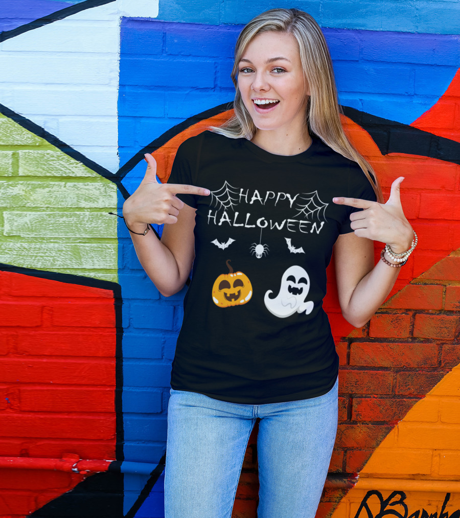 Happy Halloween Pumpkin Ghost With Spiders Bats And Webs T-Shirt