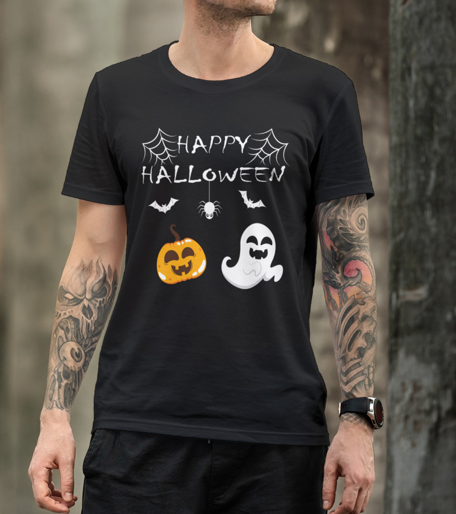 Happy Halloween Pumpkin Ghost With Spiders Bats And Webs T-Shirt