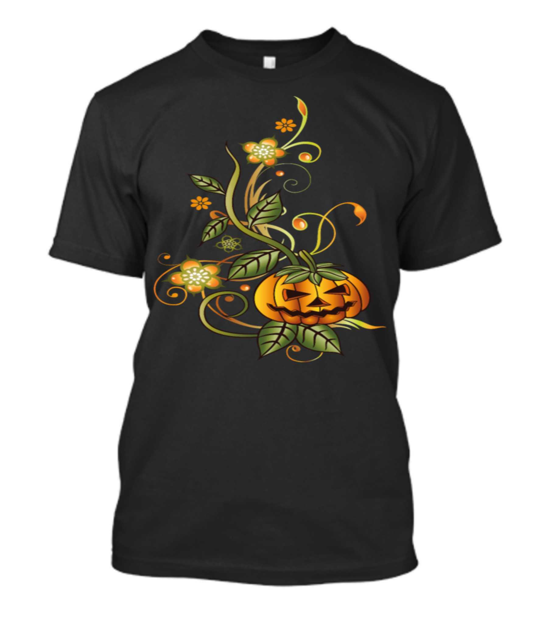 Floral Pumpkin Vine With Jack-O'-Lantern Face And Swirling Leaves T-Shirt