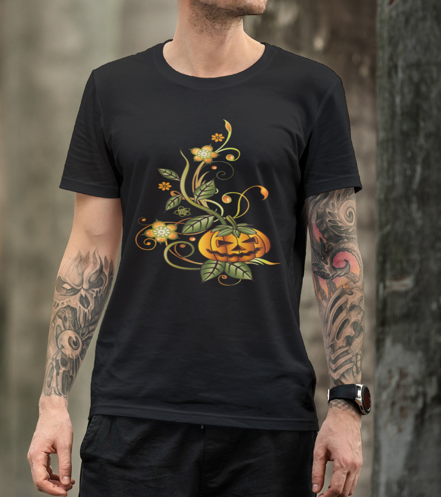 Floral Pumpkin Vine With Jack-O'-Lantern Face And Swirling Leaves T-Shirt