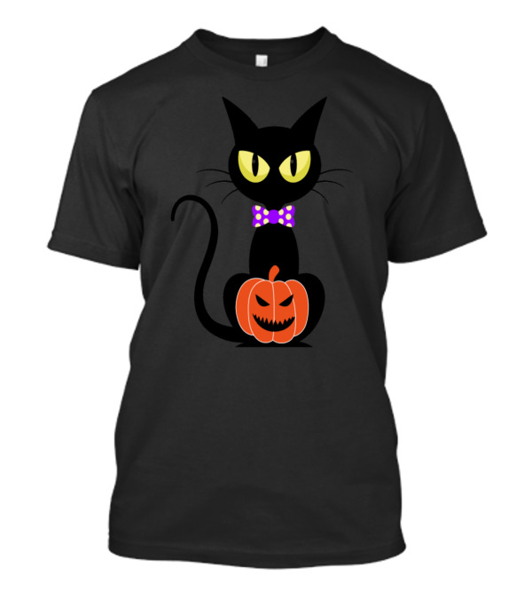 Funny Halloween Cat With Polka Dot Bow Tie And Grinning Pumpkin T-Shirt