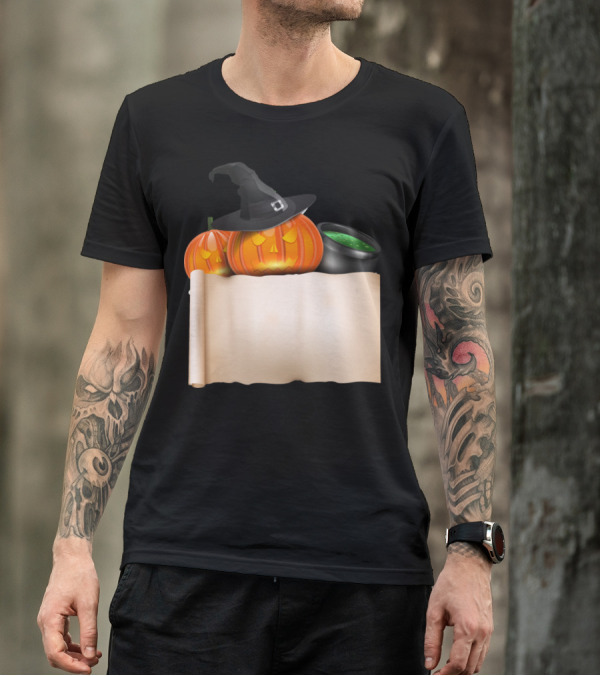 Halloween Pumpkin With Witch Hat And Scroll Featuring Bubbling Cauldron T-Shirt
