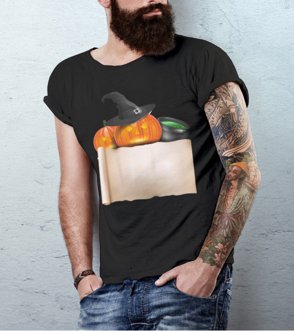 Halloween Pumpkin With Witch Hat And Scroll Featuring Bubbling Cauldron T-Shirt