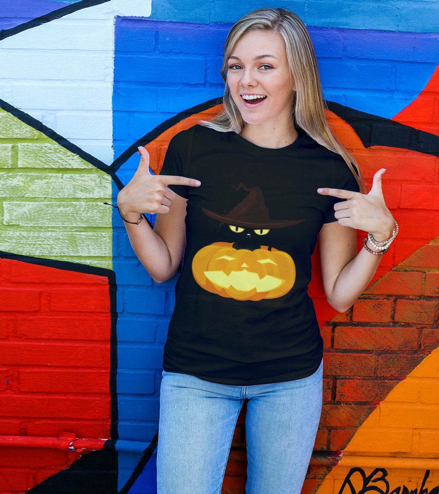 Black Cat In Witch Hat Inside Jack-o'-Lantern Pumpkin Halloween T-Shirt