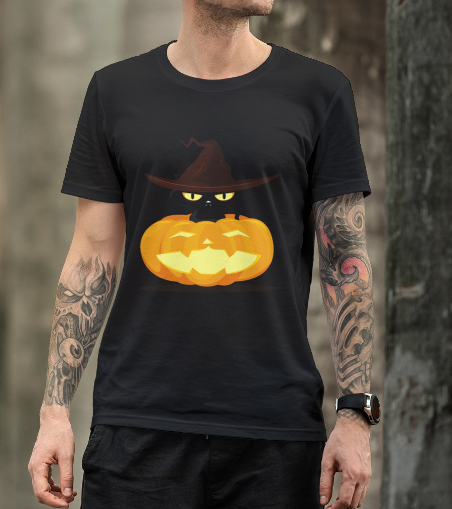 Black Cat In Witch Hat Inside Jack-o'-Lantern Pumpkin Halloween T-Shirt