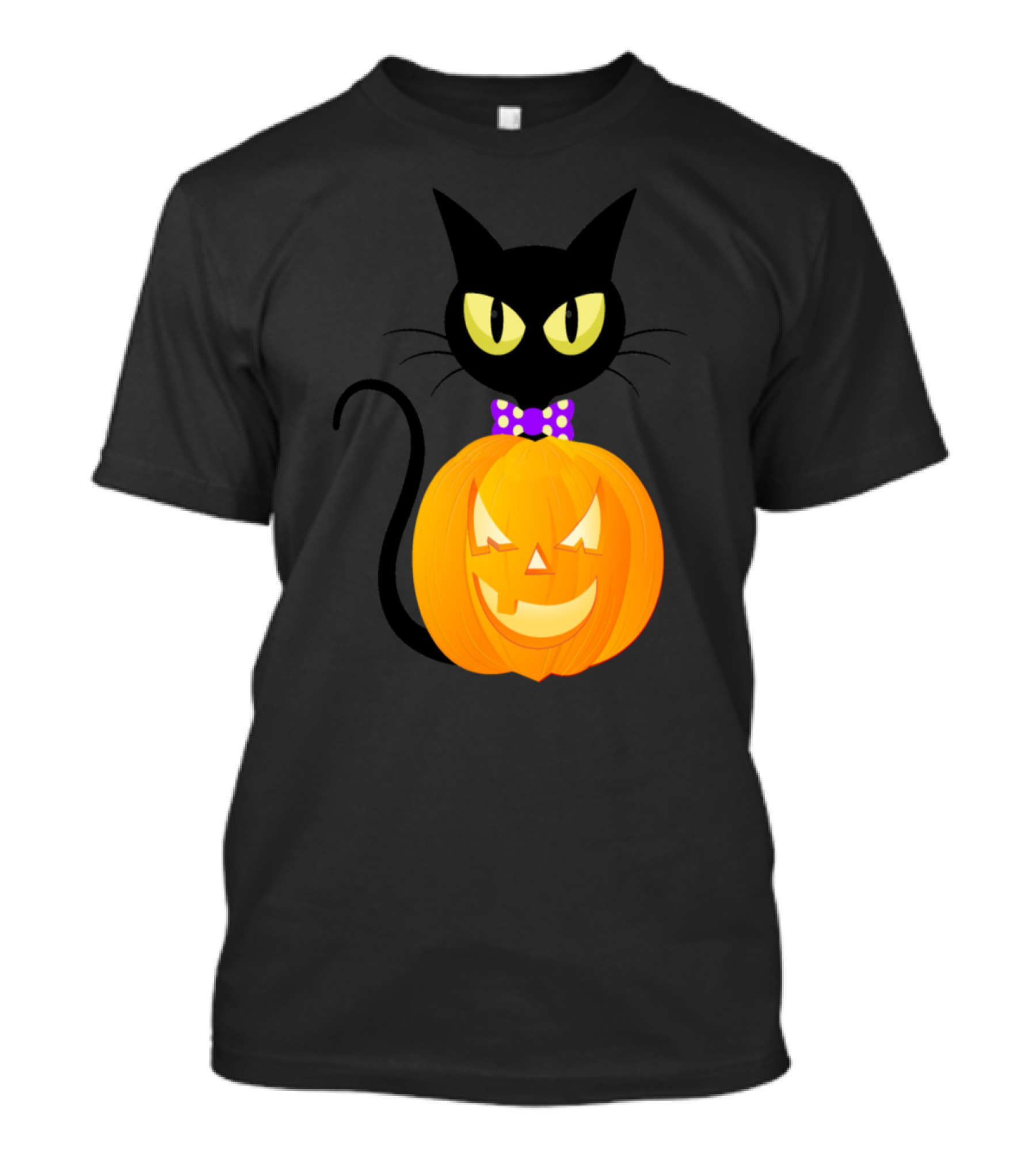 Black Cat With Purple Polka Dot Bow And Smiling Jack-O'-Lantern T-Shirt