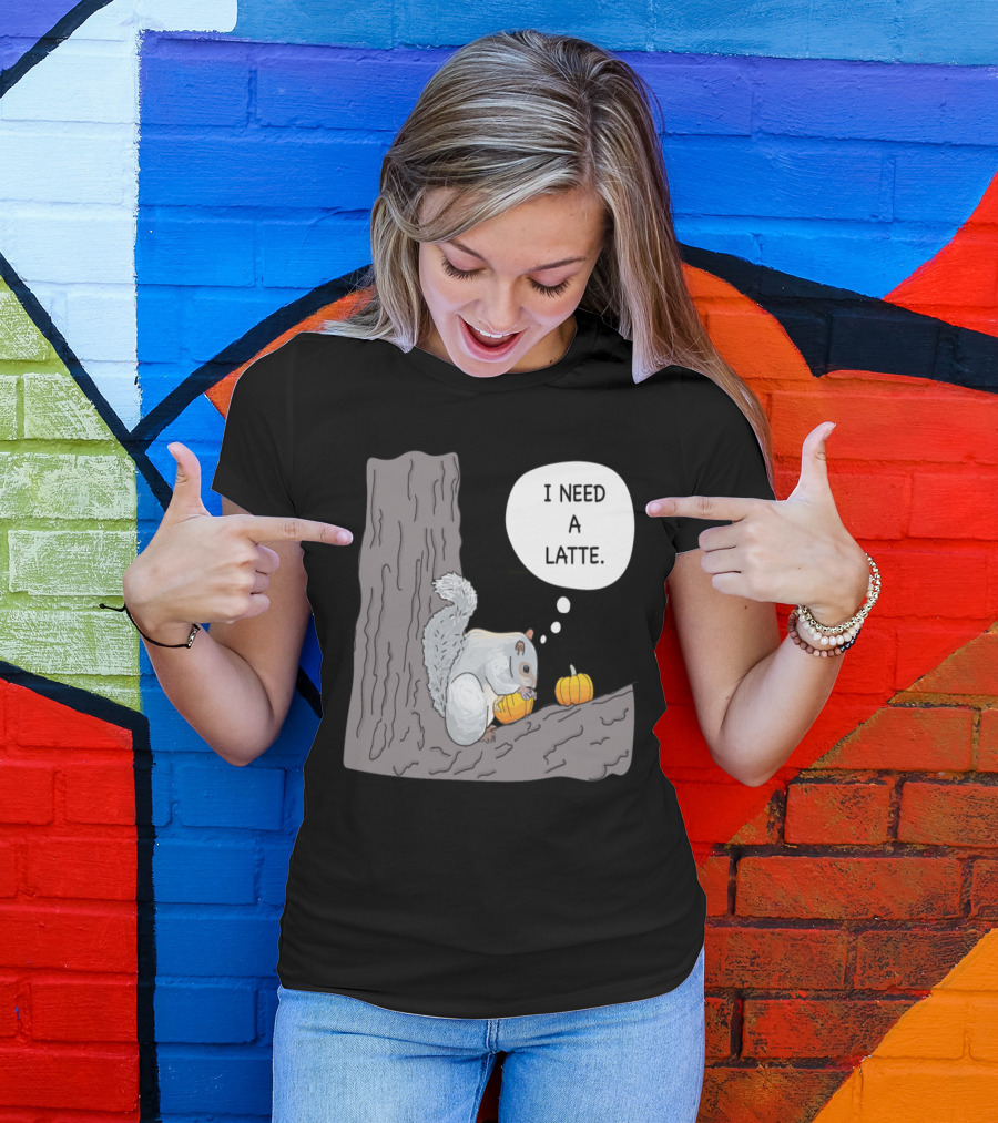 Squirrel Holding Pumpkin Thinking I Need A Latte T-Shirt