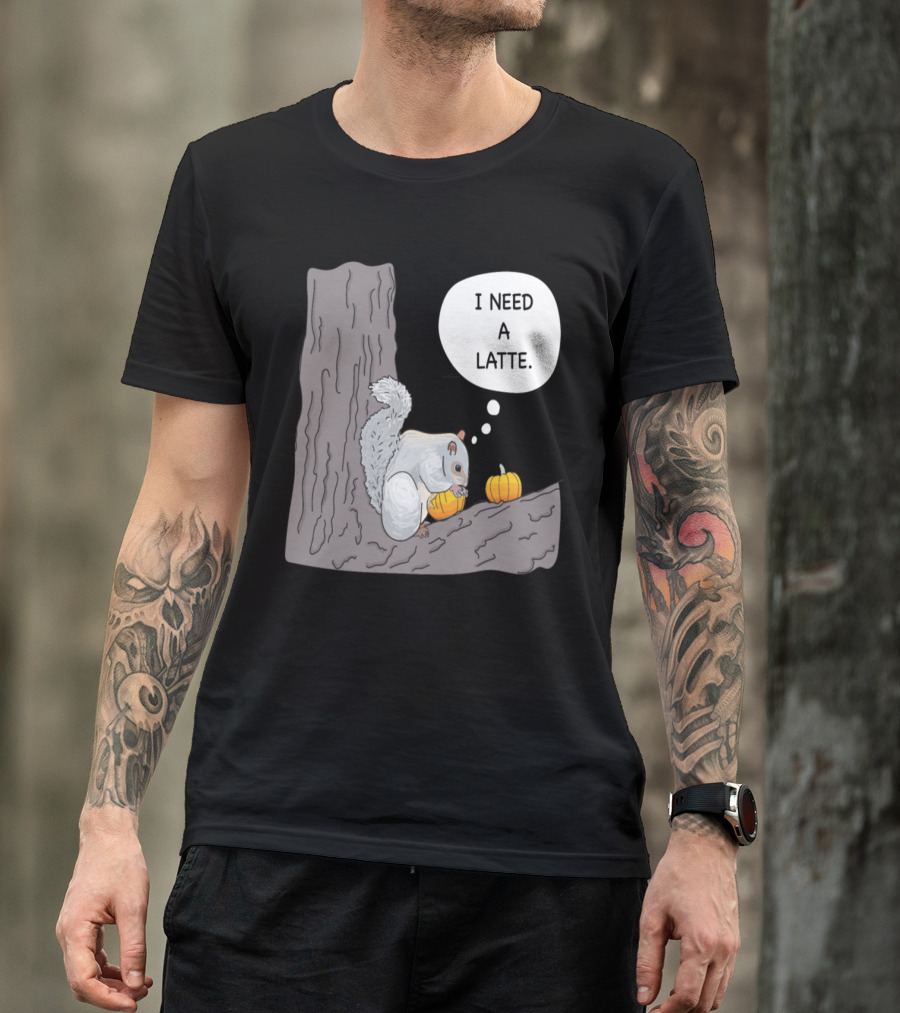 Squirrel Holding Pumpkin Thinking I Need A Latte T-Shirt