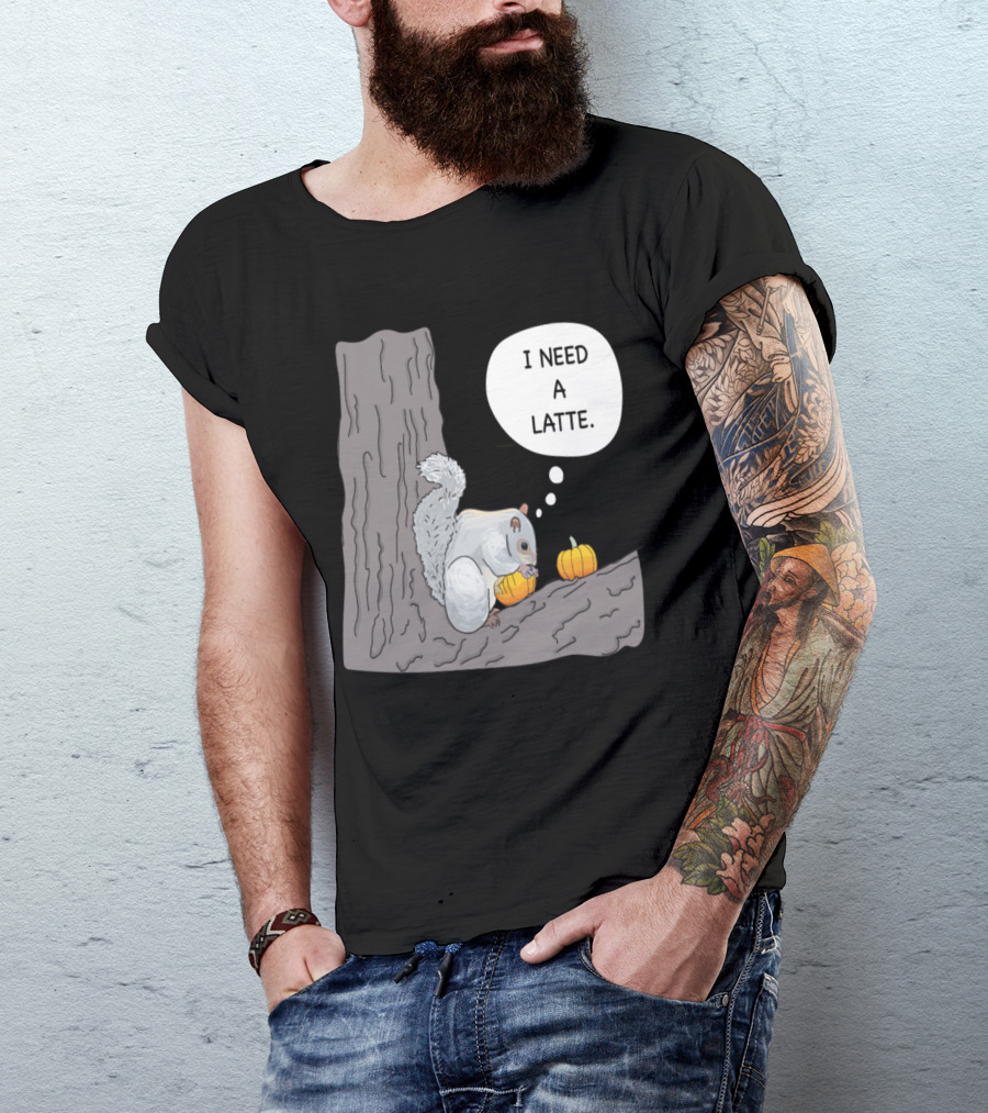 Squirrel Holding Pumpkin Thinking I Need A Latte T-Shirt