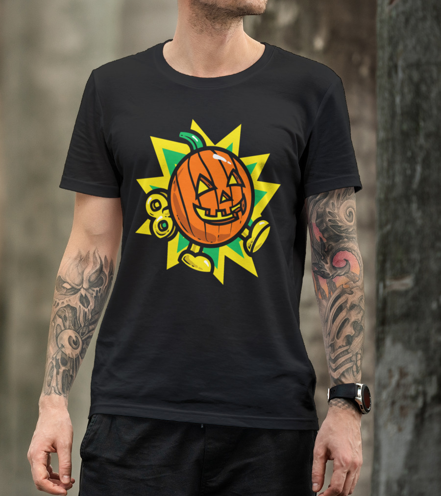 Pumpkin Bomb Wind-Up Toy With Starburst Background T-Shirt