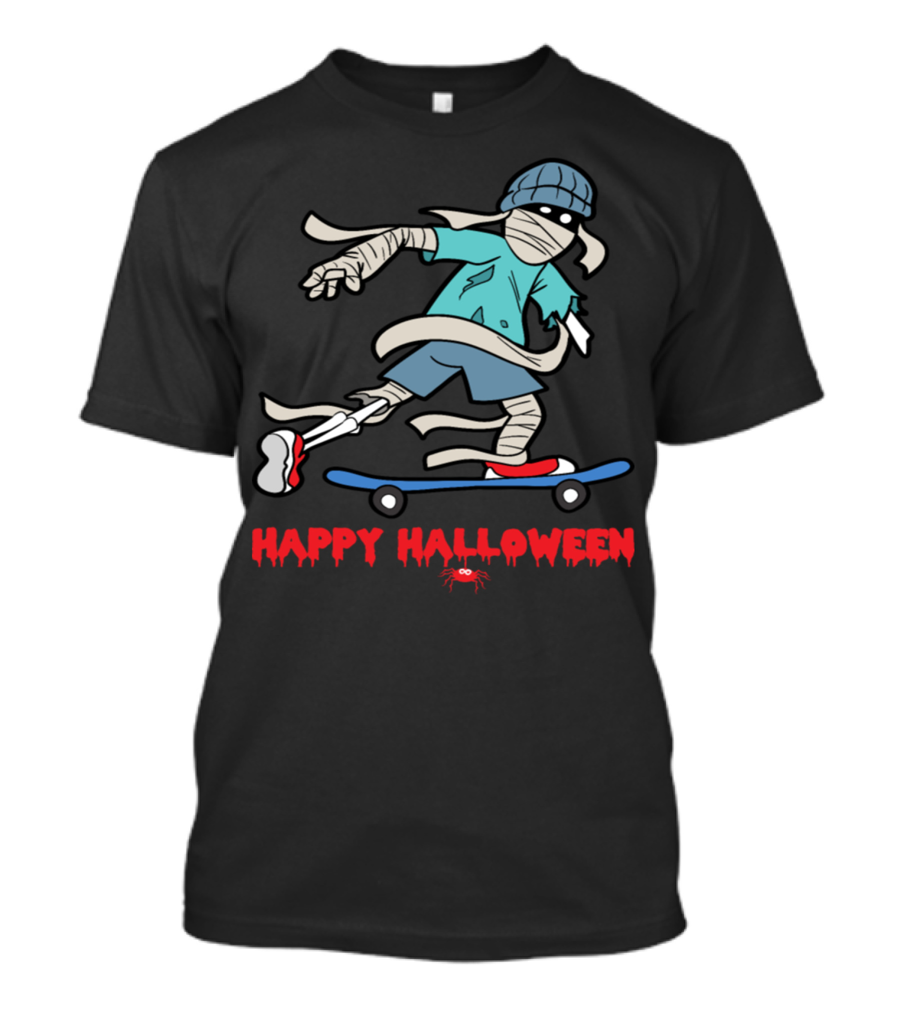 Happy Halloween Skateboarding Mummy Skull Bone Horror T-Shirt
