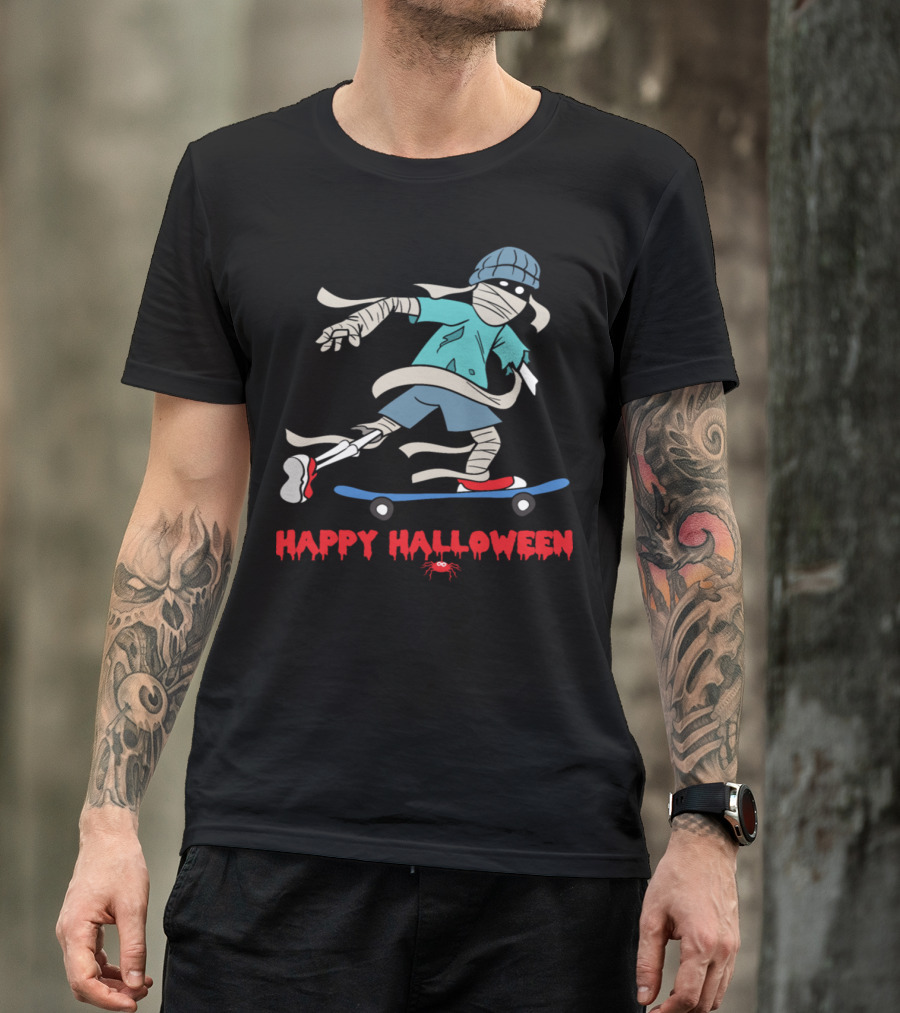 Happy Halloween Skateboarding Mummy Skull Bone Horror T-Shirt