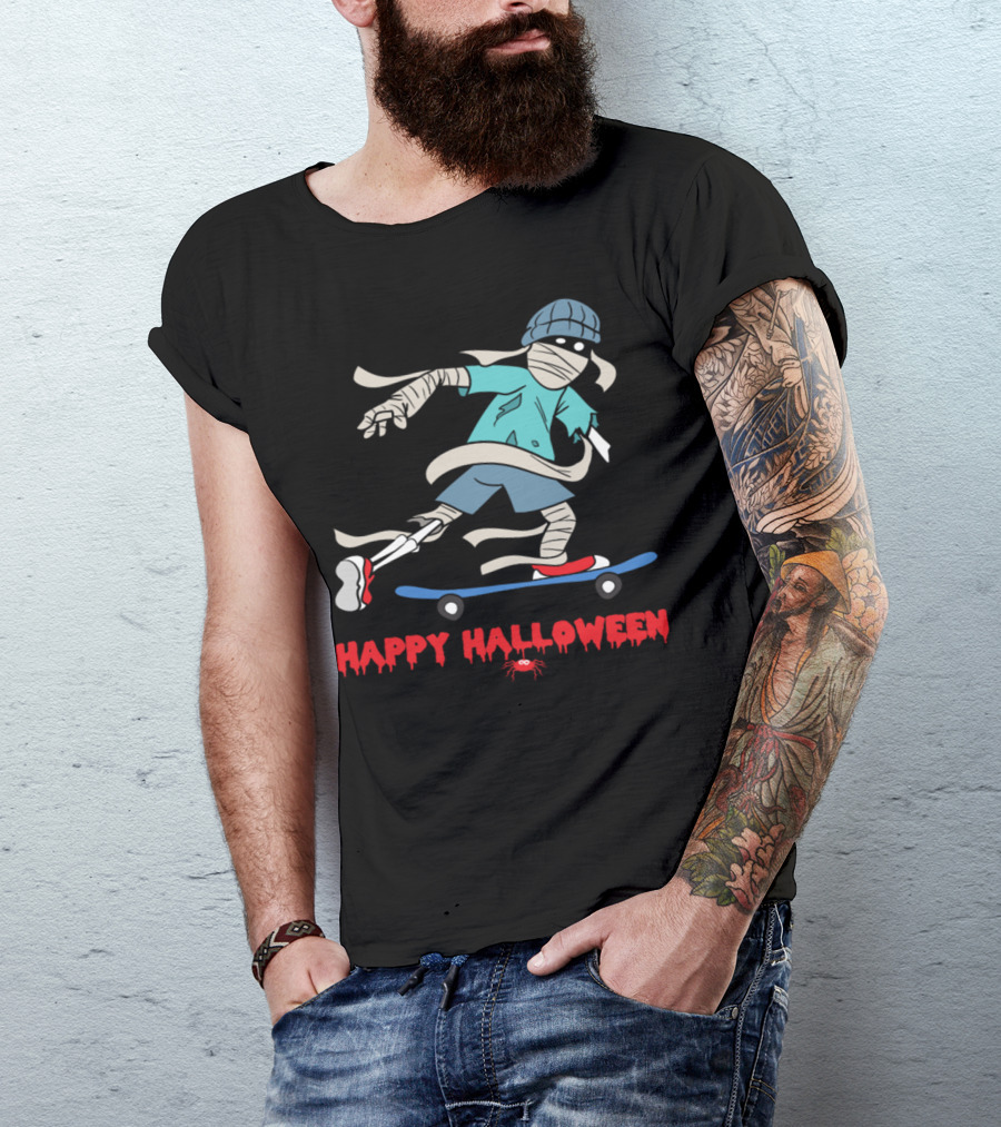 Happy Halloween Skateboarding Mummy Skull Bone Horror T-Shirt