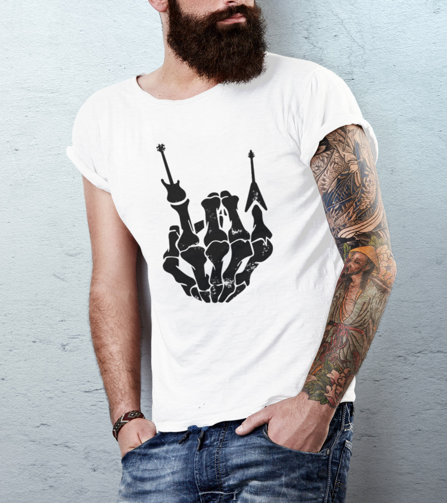 Mano Cornuta ROCK THIS Skeleton Hand With Guitar T-Shirt