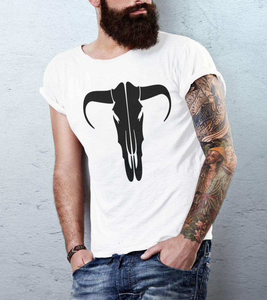Bull Skull Horns Skeleton Black T-Shirt