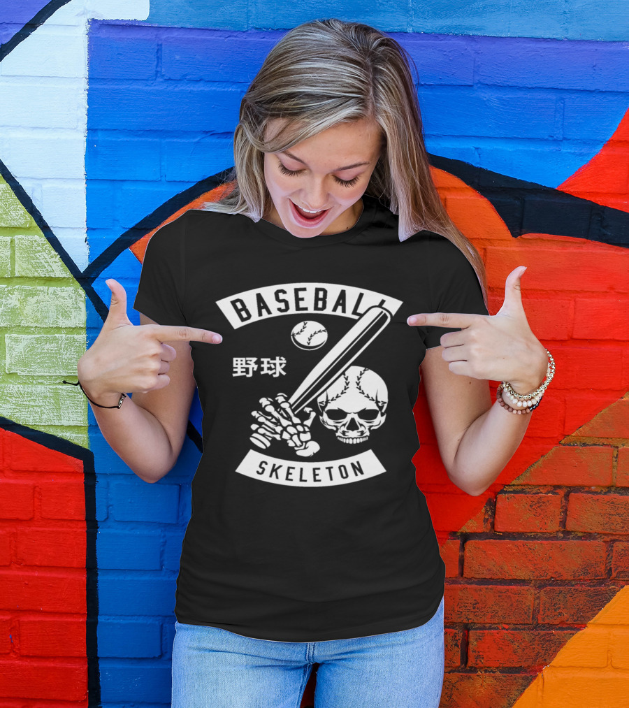 Baseball Skeleton Skull Kanji Bat Hand And Ball T-Shirt