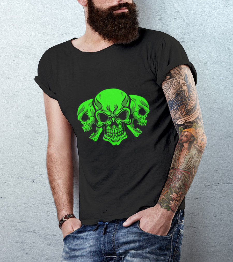 Skull Heads Human Skeleton Bones Bony Mask Neon Green Trio T-Shirt