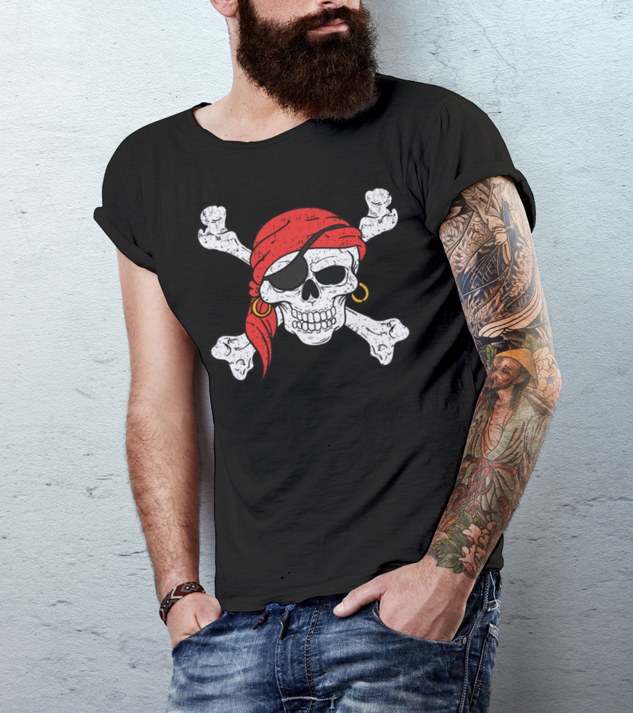 Skeleton Skull Bones Pirate Scary Cool Red Bandana Eyepatch Crossbones T-Shirt