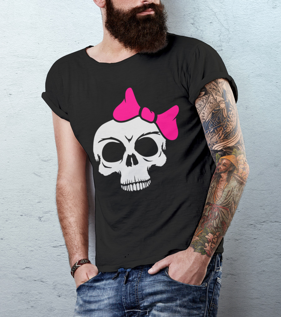 Skeleton Skull Pink Bow Fun Girls Evil Bath Dangerous T-Shirt