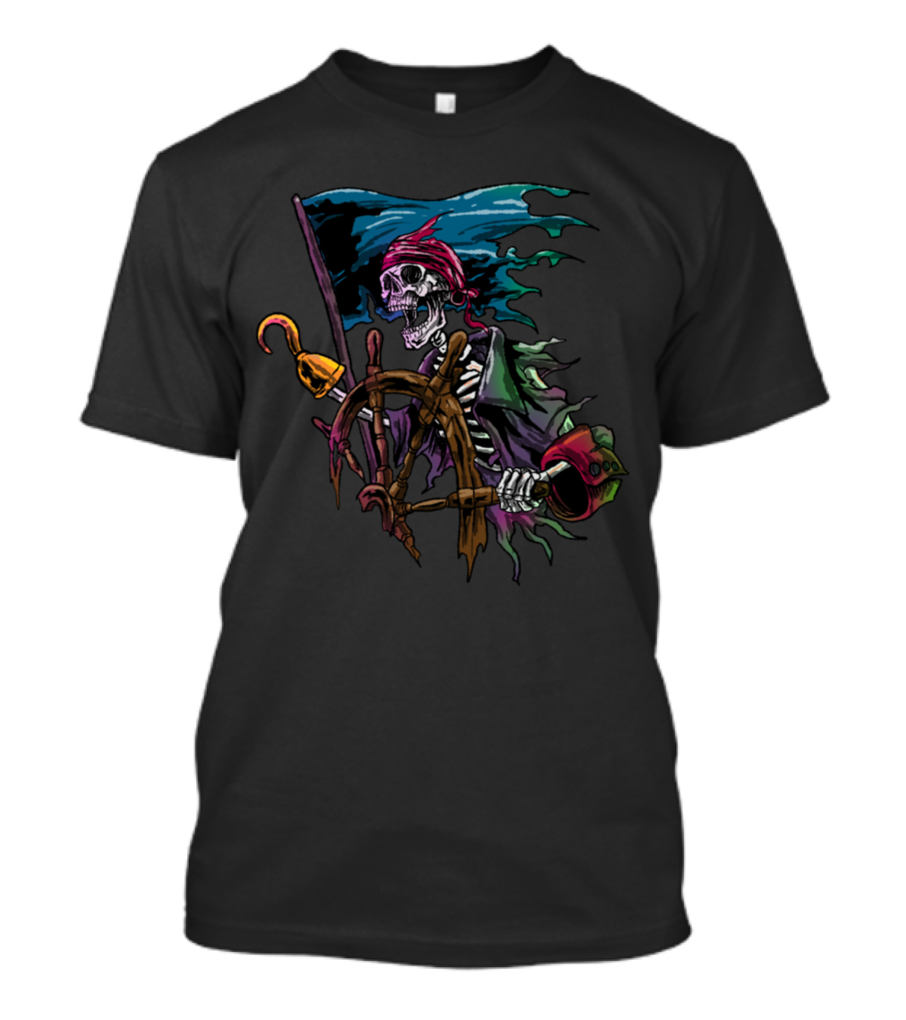 Pirate Skeleton Skull At Ship Wheel With Hook And Tattered Flag T-Shirt