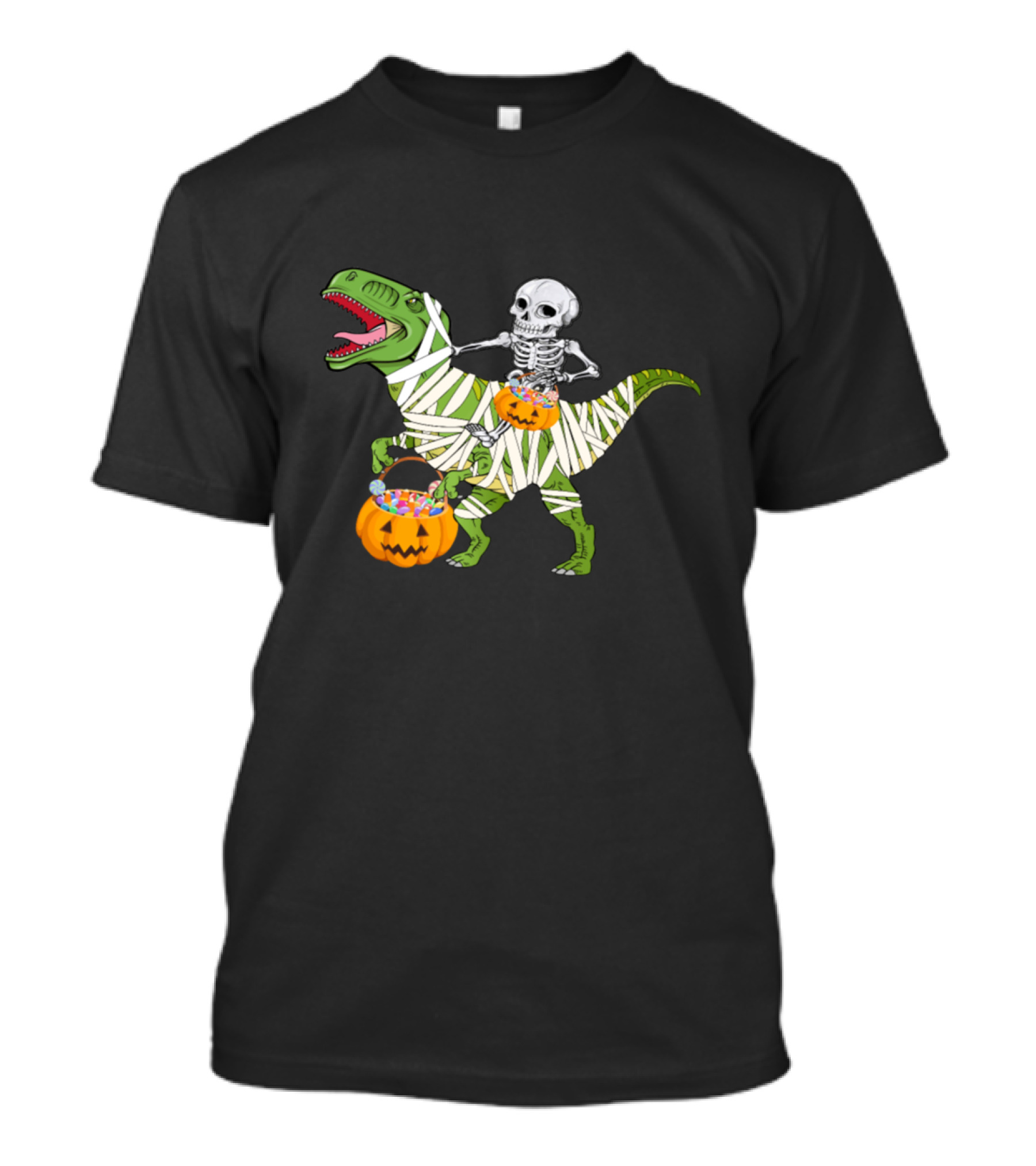Skeleton Riding Mummy T-Rex With Halloween Pumpkins T-Shirt