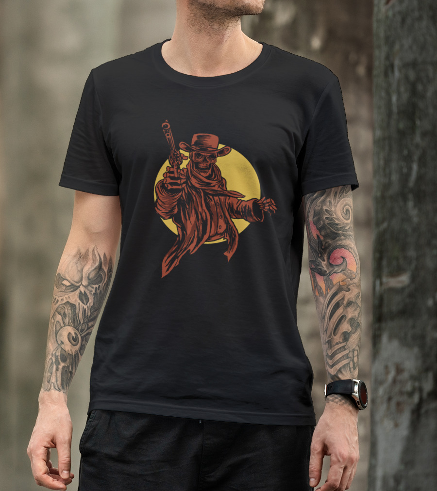 Cowboy Skull Skeleton Head Face With Gun And Hat T-Shirt