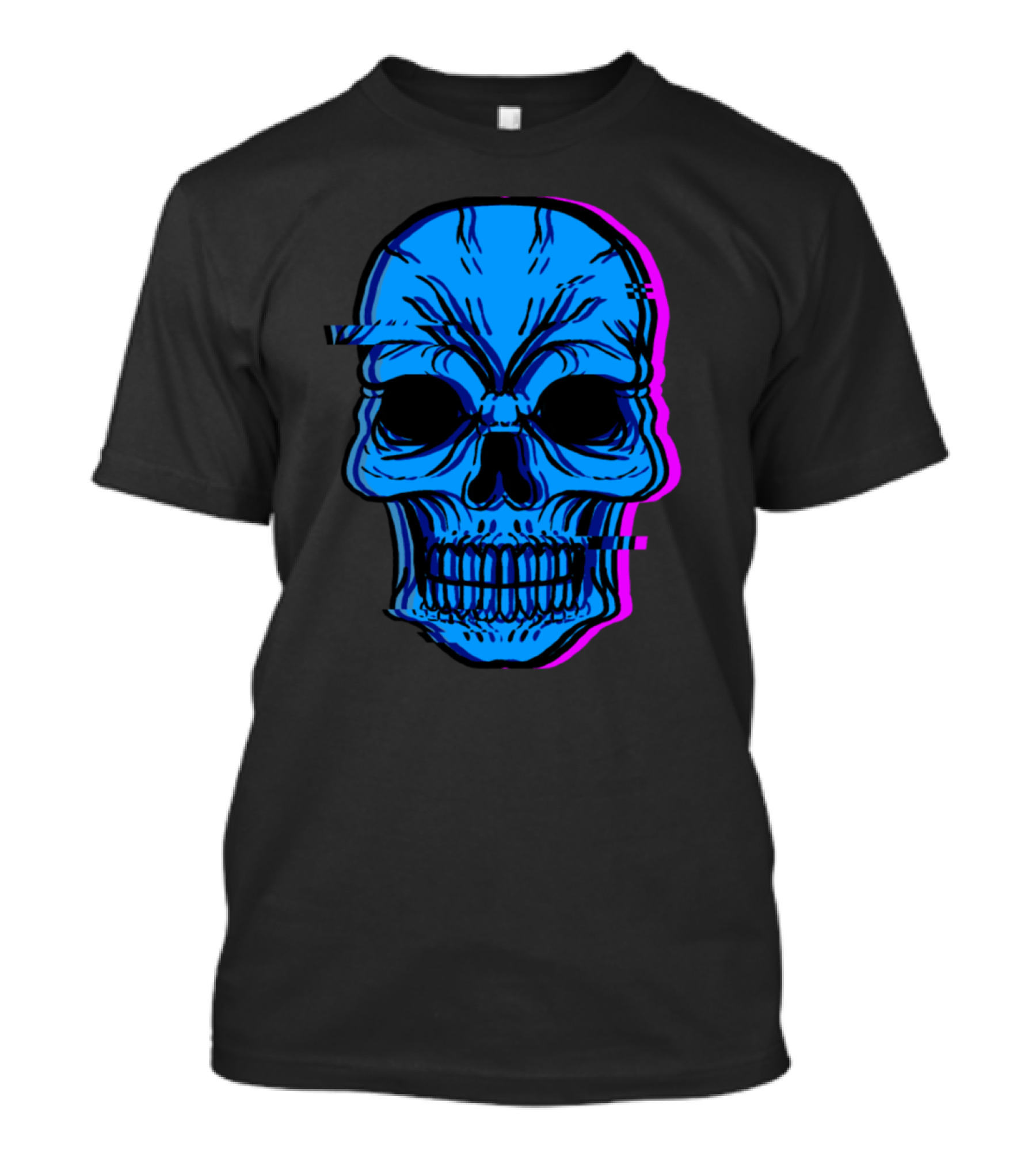Skull Human Skeleton Bone Head Face Eyes Ears Blue Glitch T-Shirt