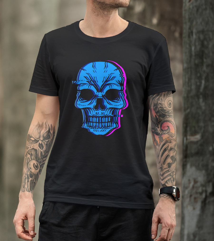 Skull Human Skeleton Bone Head Face Eyes Ears Blue Glitch T-Shirt