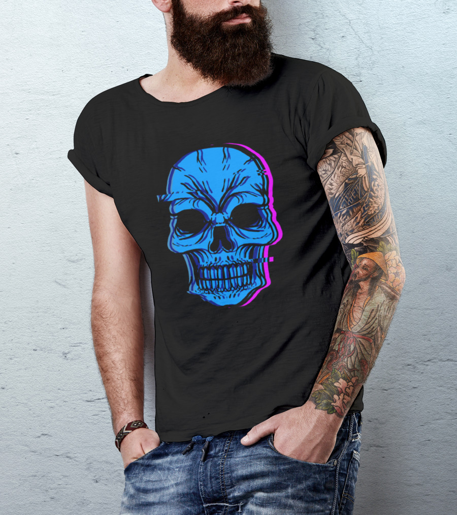 Skull Human Skeleton Bone Head Face Eyes Ears Blue Glitch T-Shirt