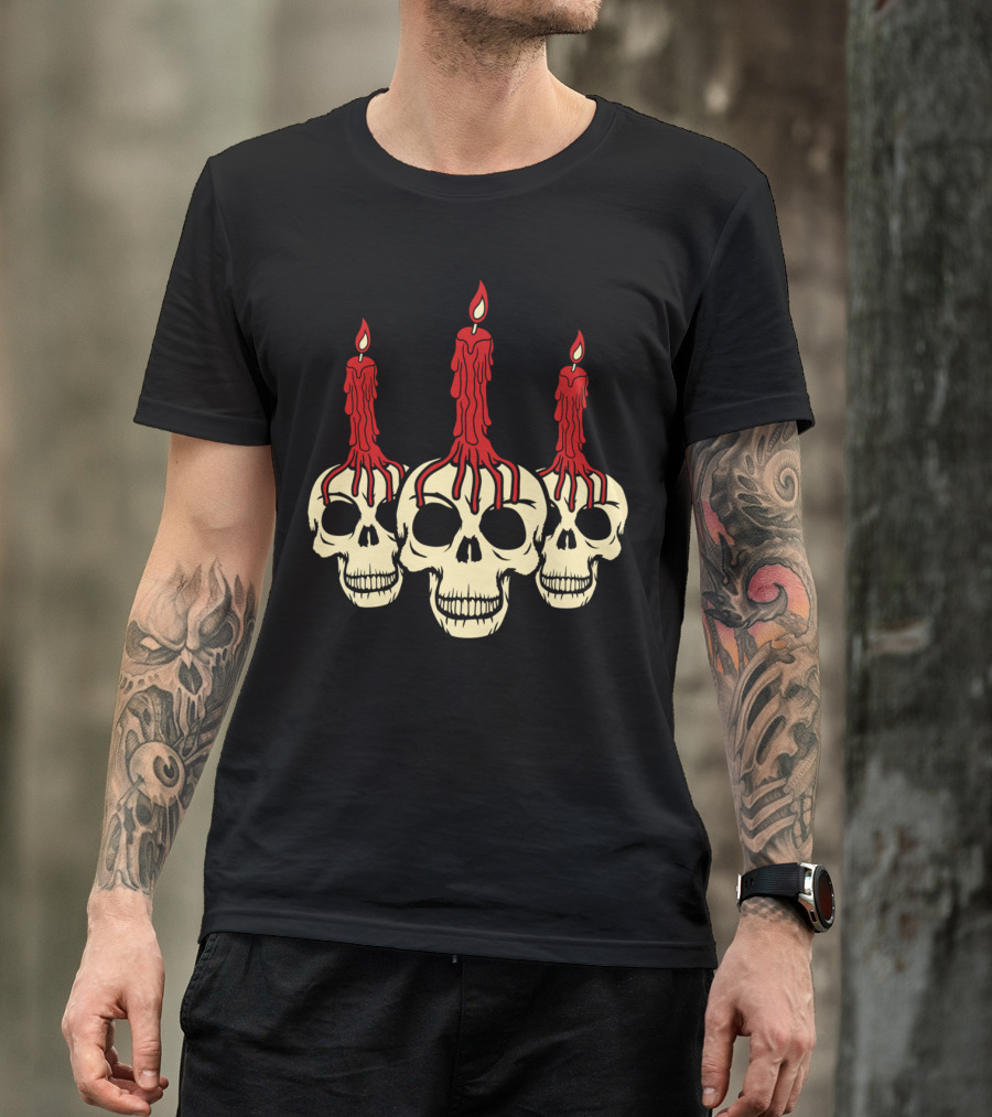 3 Skull Skeleton Heads With Creepy Horror Candle Wax T-Shirt