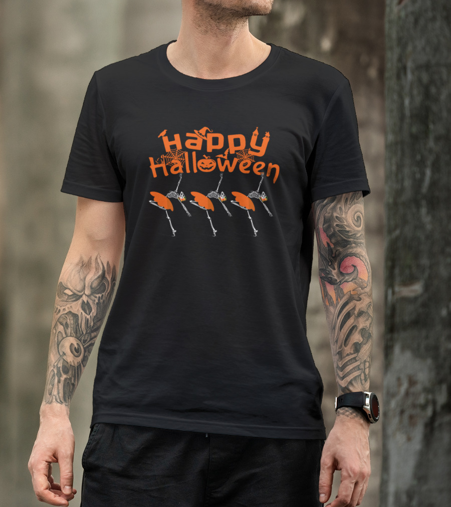 Happy Halloween Skeleton Ballet With Pumpkin And Spider Webs T-Shirt