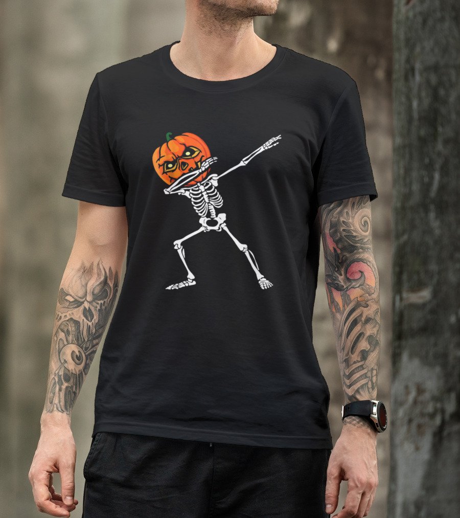 Spooky Halloween Pumpkin Head Skeleton Dabbing T-Shirt