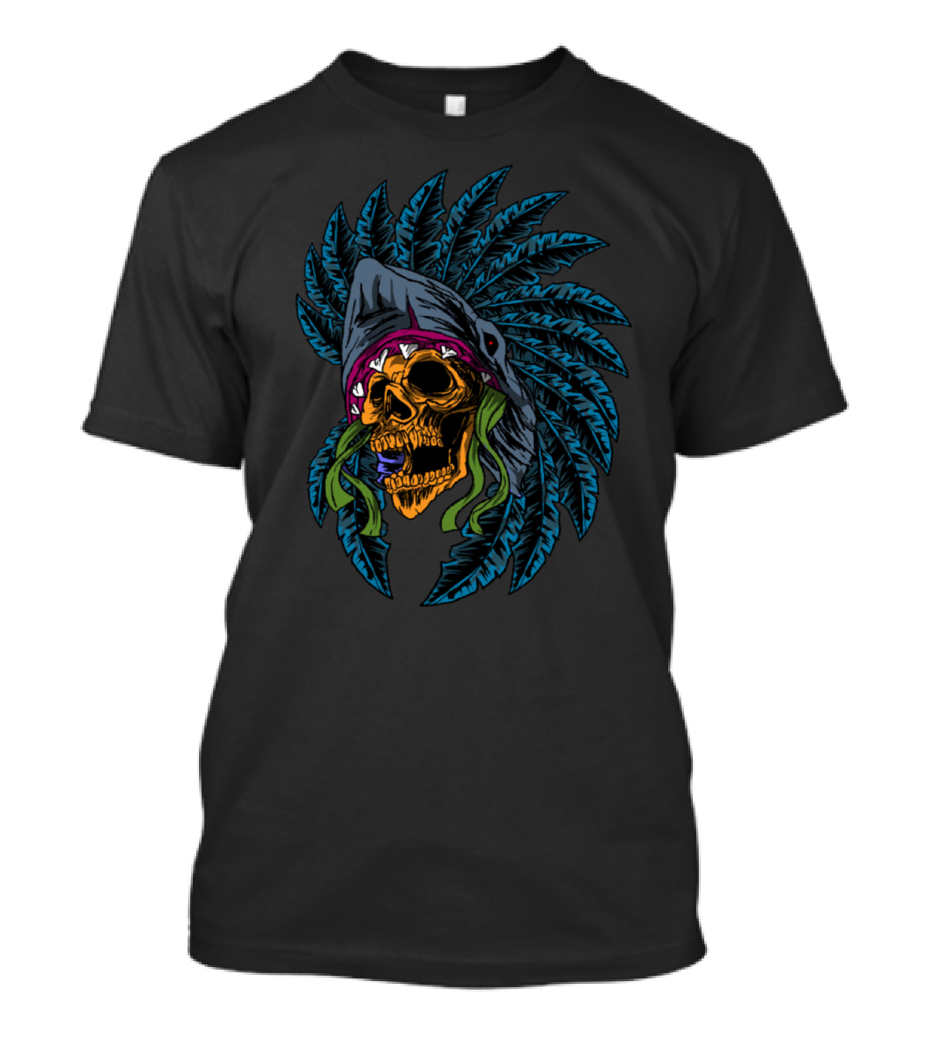 Indian Skull Beast Head Face Bones Skeleton Headdress Shark Feathers T-Shirt