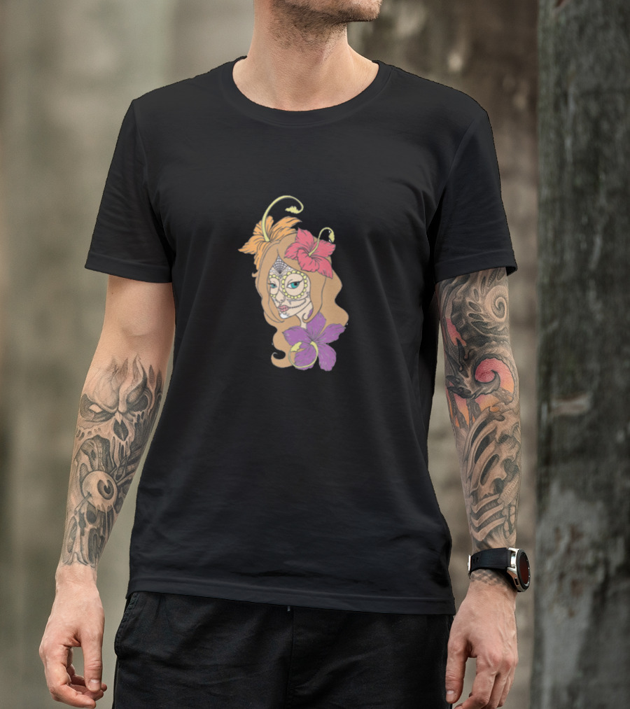 Female Sugar Skull With Hibiscus And Tropical Flowers T-Shirt