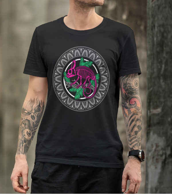 Chameleon Skeleton Mandala With Tropical Leaves T-Shirt
