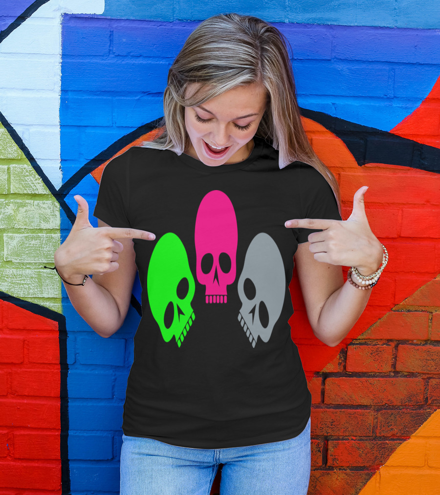 Three Skulls Neon Green Pink Grey T-Shirt