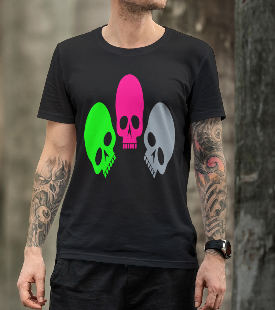 Three Skulls Neon Green Pink Grey T-Shirt