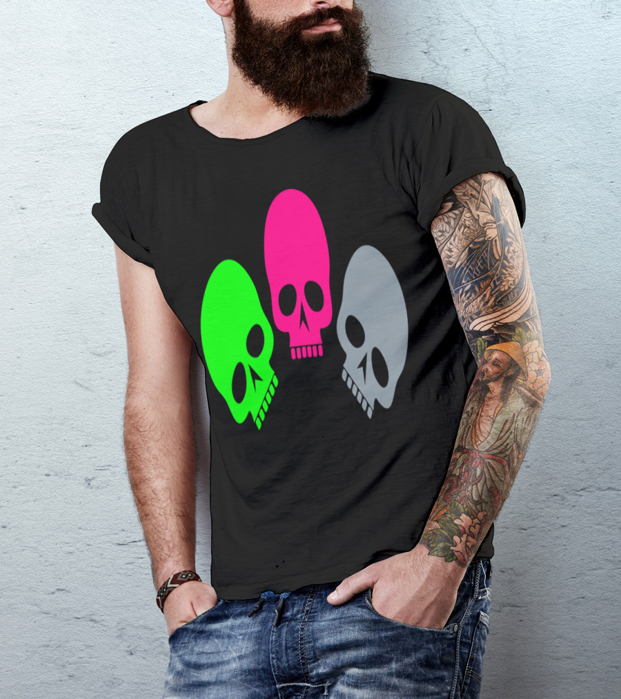Three Skulls Neon Green Pink Grey T-Shirt