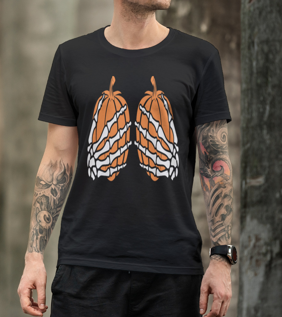 Skeleton Hands Grasping Pumpkins Halloween Party T-Shirt