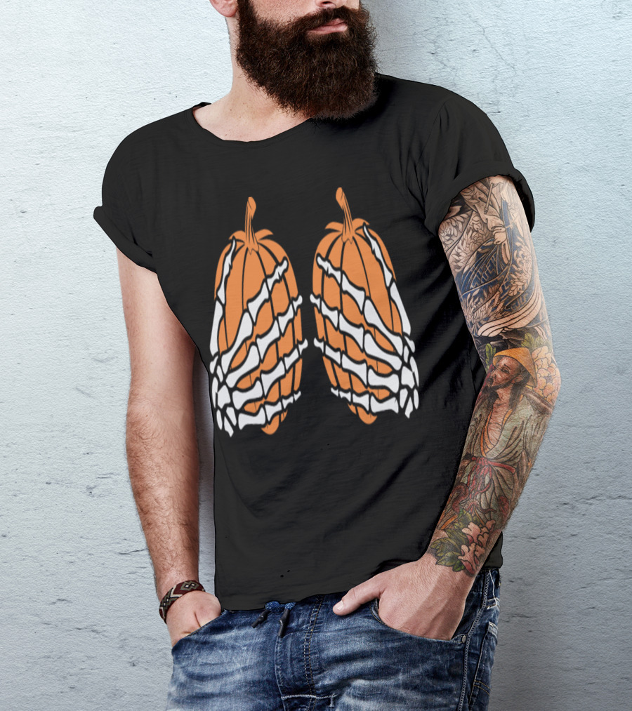 Skeleton Hands Grasping Pumpkins Halloween Party T-Shirt