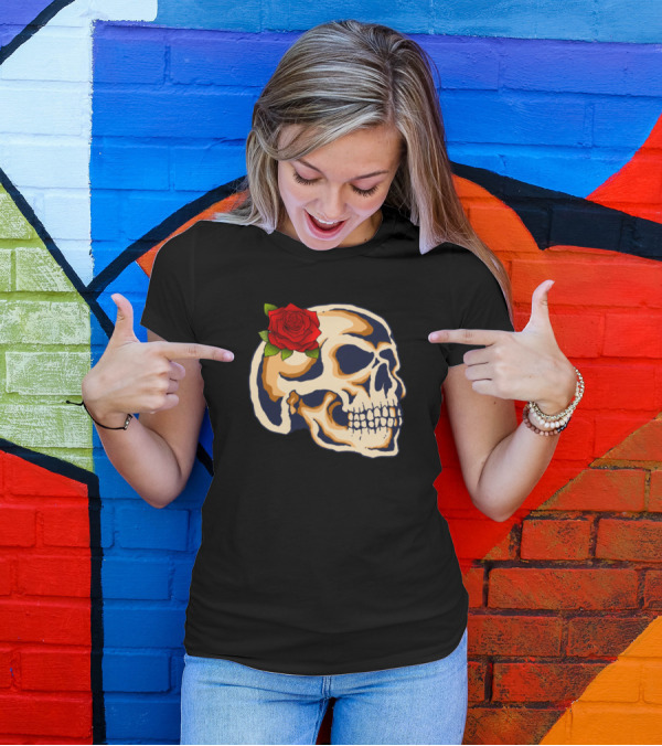 Skull Floral Rose Art Printed T-Shirt