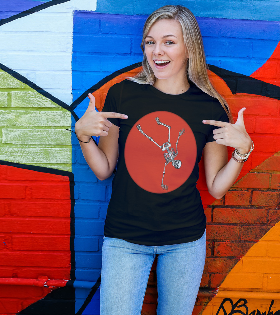 Balancing Act Skeleton On Vibrant T-Shirt