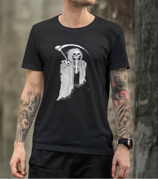 Death In Pencil Grim Reaper With Scythe And Skull Details T-Shirt