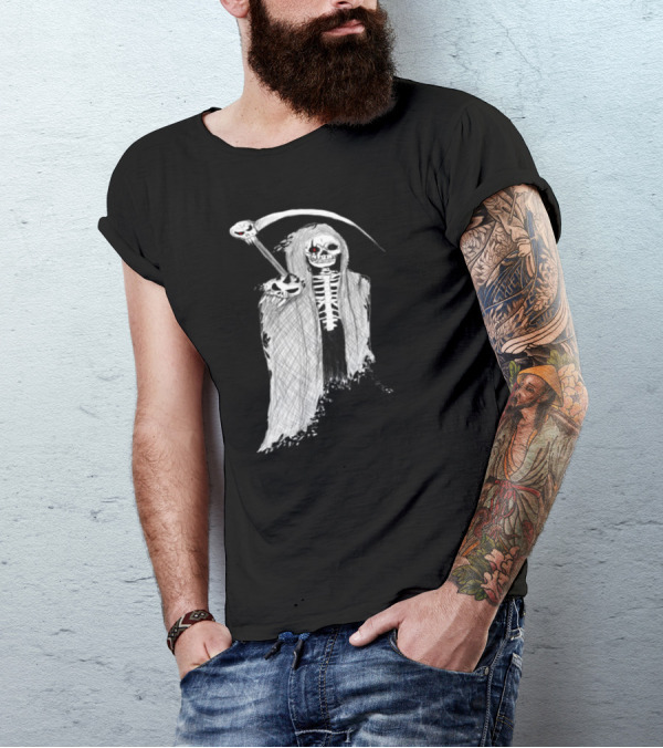 Death In Pencil Grim Reaper With Scythe And Skull Details T-Shirt