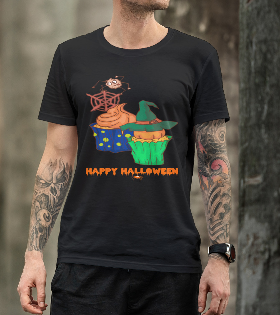Happy Halloween Horror Muffins With Witch Hat And Spider Web Cupcakes T-Shirt